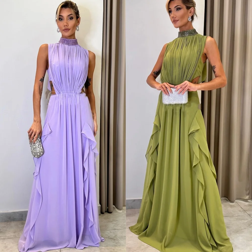 

Customized Fashion Formal Jersey Pleat Ruched Sequined A-line High Collar Long Dresses Quinceanera Dresses Matching Modern Style