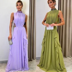 Customized Fashion Formal Jersey Pleat Ruched Sequined A-line High Collar Long Dresses Quinceanera Dresses Matching Modern Style