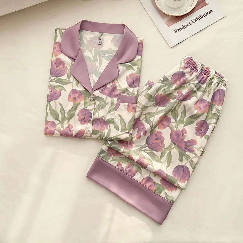 Conjunto de pijama con estampado de tulipanes para mujer, ropa de dormir informal, trajes de manga larga para primavera y otoño, 2023