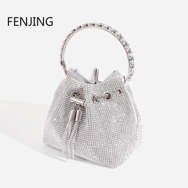 Diamonds Tassel Evening Clutch Bag Women Luxury Designer Metal Ring Handle Shiny Crystal Bucket Purse Bridal Wedding Handbags