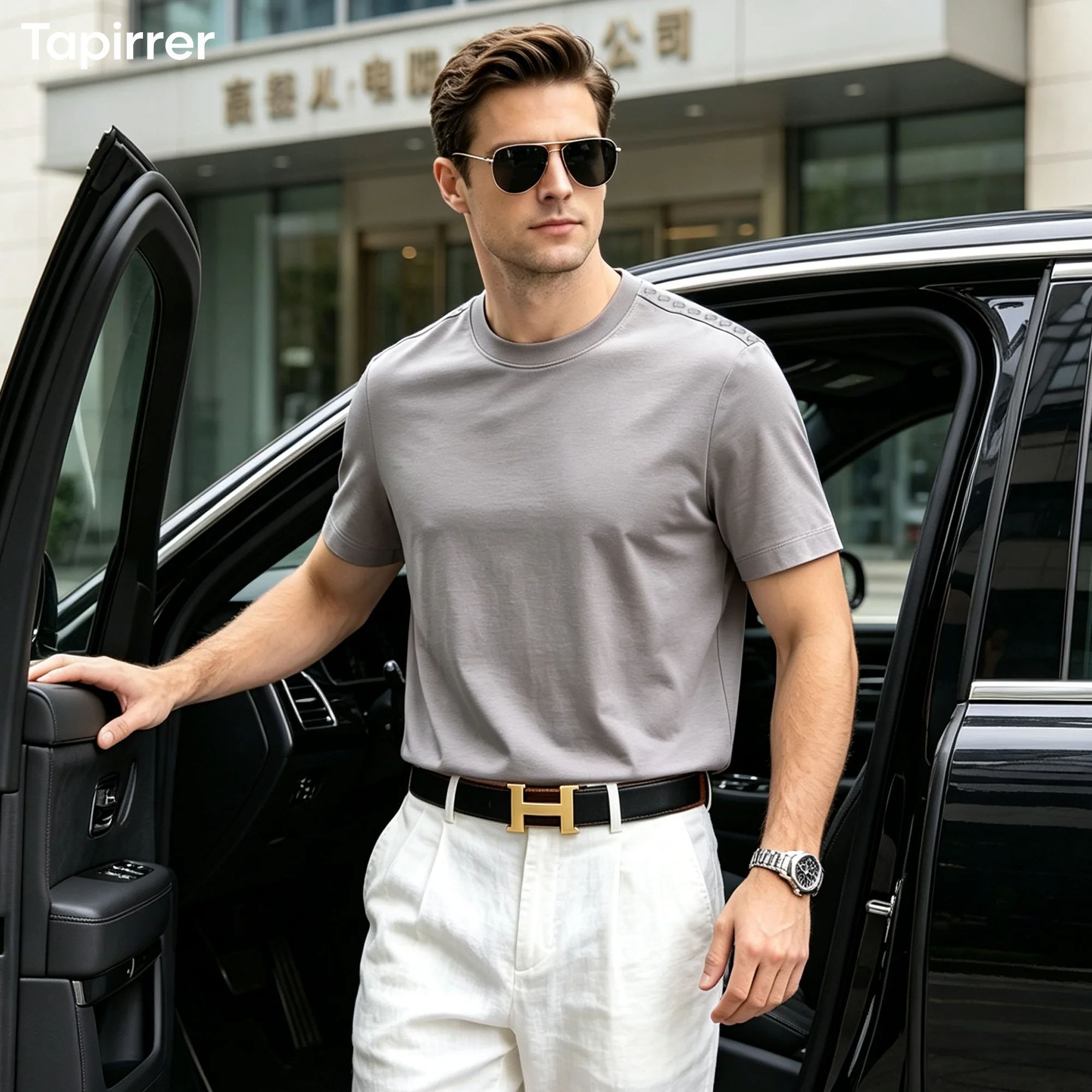 Spring/Summer New Tapirrer Lychee Pattern Leather Stitched Shoulder Decor T-Shirt Men's Modal Fabric