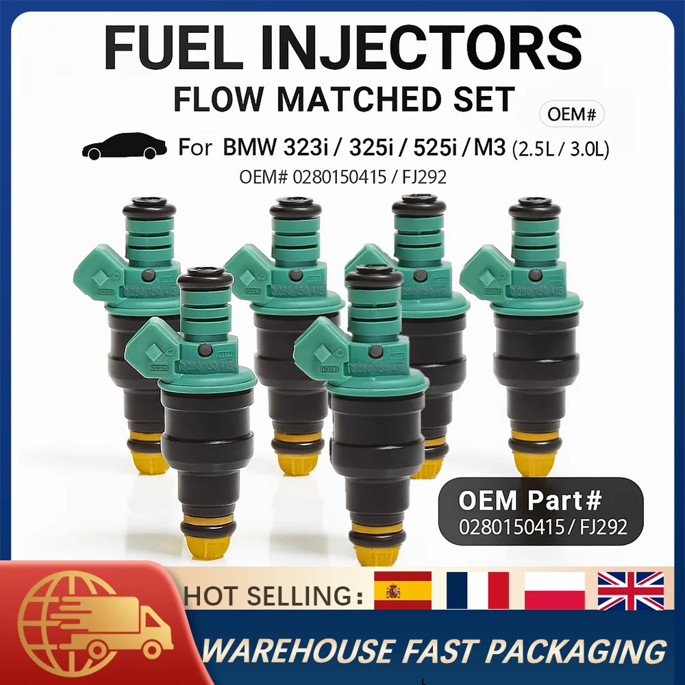 

6PCS Fuel Injectors FJ292 0280150415 Flow Matched for BMW 323i 325i 525i M3 2.5L 3.0L Engine High Performance Replacement