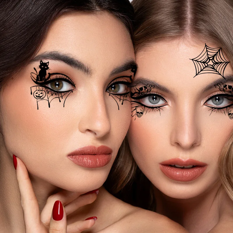 

10 Sheets Halloween Bat Spider Eye Corner Stickers Fashionable Party Face Tattoos Premium Non Toxic Glossy Skin Safe