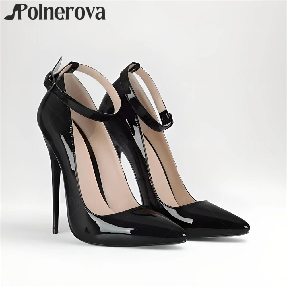 16cm Patent Leather Pumps Pointed Toe Stilettos Ankle Buckle Sexy Pumps Black White Red Custom Multicolor High Heels for Women