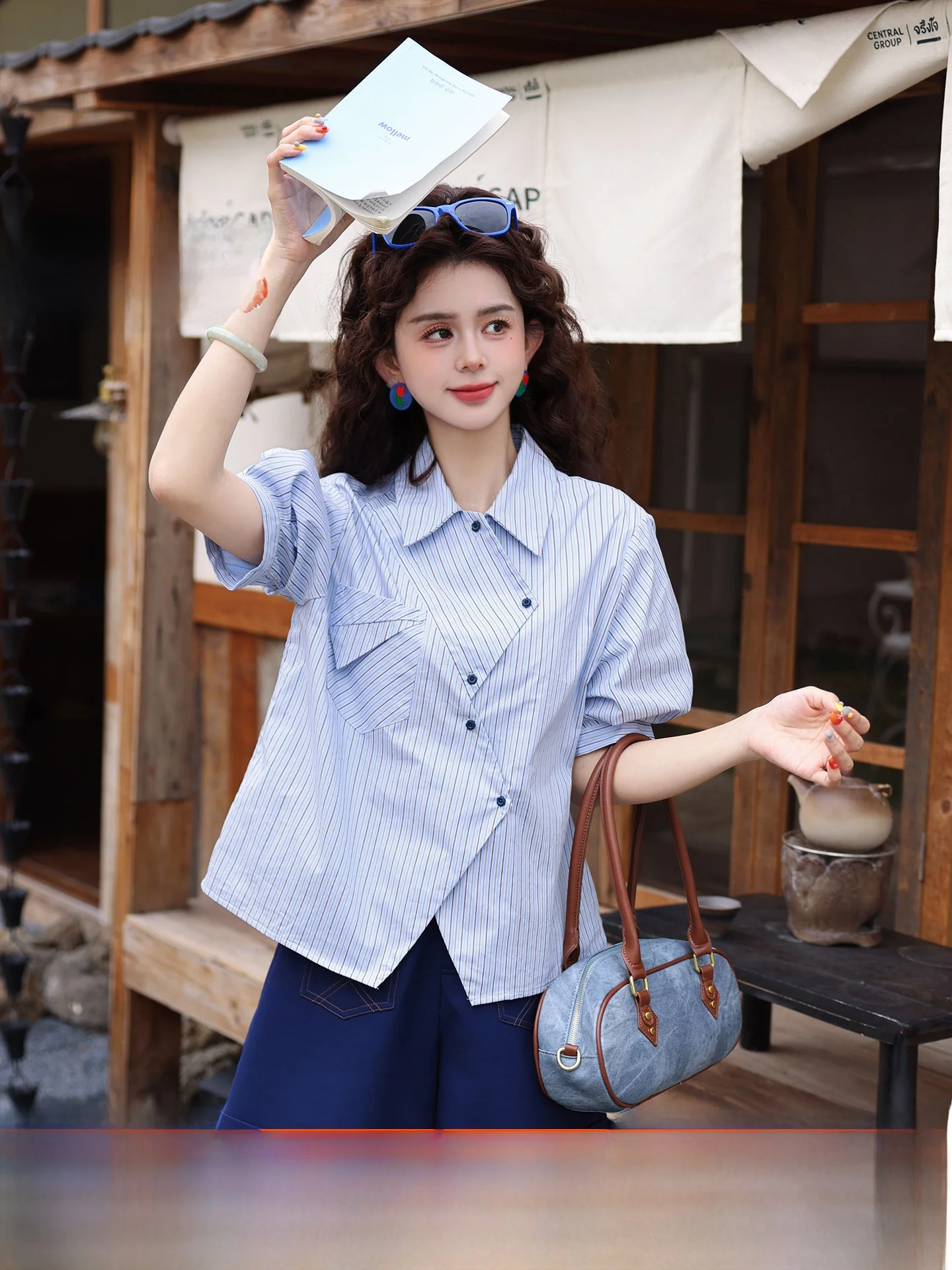

Blue Striped Shirt Women's Short Sleeve Shirt Elegant Design Casual Loose Fit Cotton Vintage Style Slimming Effect Summer Shirt