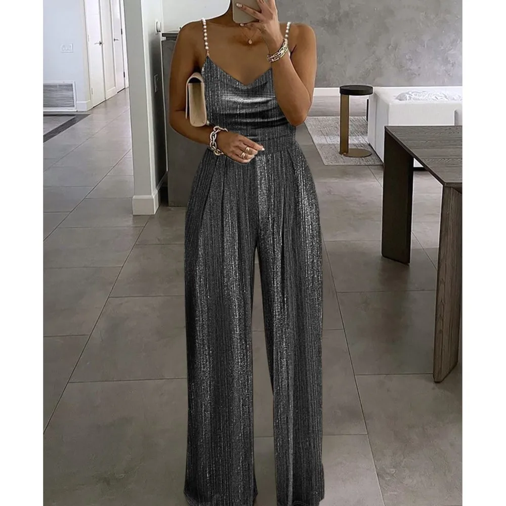 Off The Shoulder Stud Sexy Strap Women\'s Dinner Romper Spring Summer New Fashion Pleated Loose Straight Leg Female Long Romper