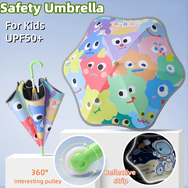 Cute Safety Kids Umbrella With Reflective Strip UPF50+ Round Corner Umbrellas With Wheel Anti-Poke UV Sun Rain Children Parasol