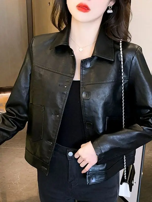 معطف Bla Leather Jaet النسائي ort Sle Retro Hong Kong Faion فضفاض من جلد البولي يوريثان للتنقل العادي Sve طويل...