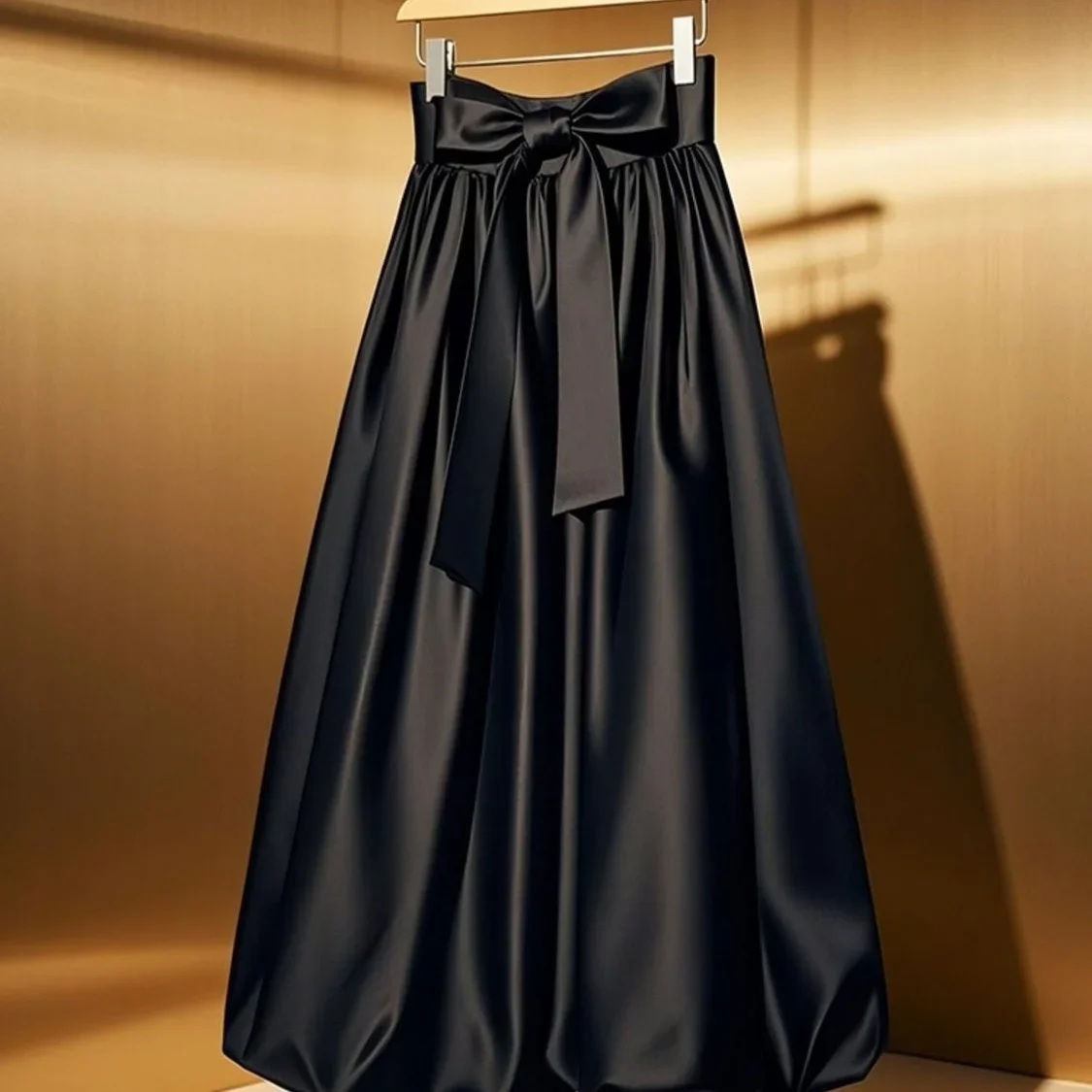 New Fashion Satin Summer Skirt Women French Elegant Lace Up High Waist A-Line Black Bubble Skirts Midi Party Jupe