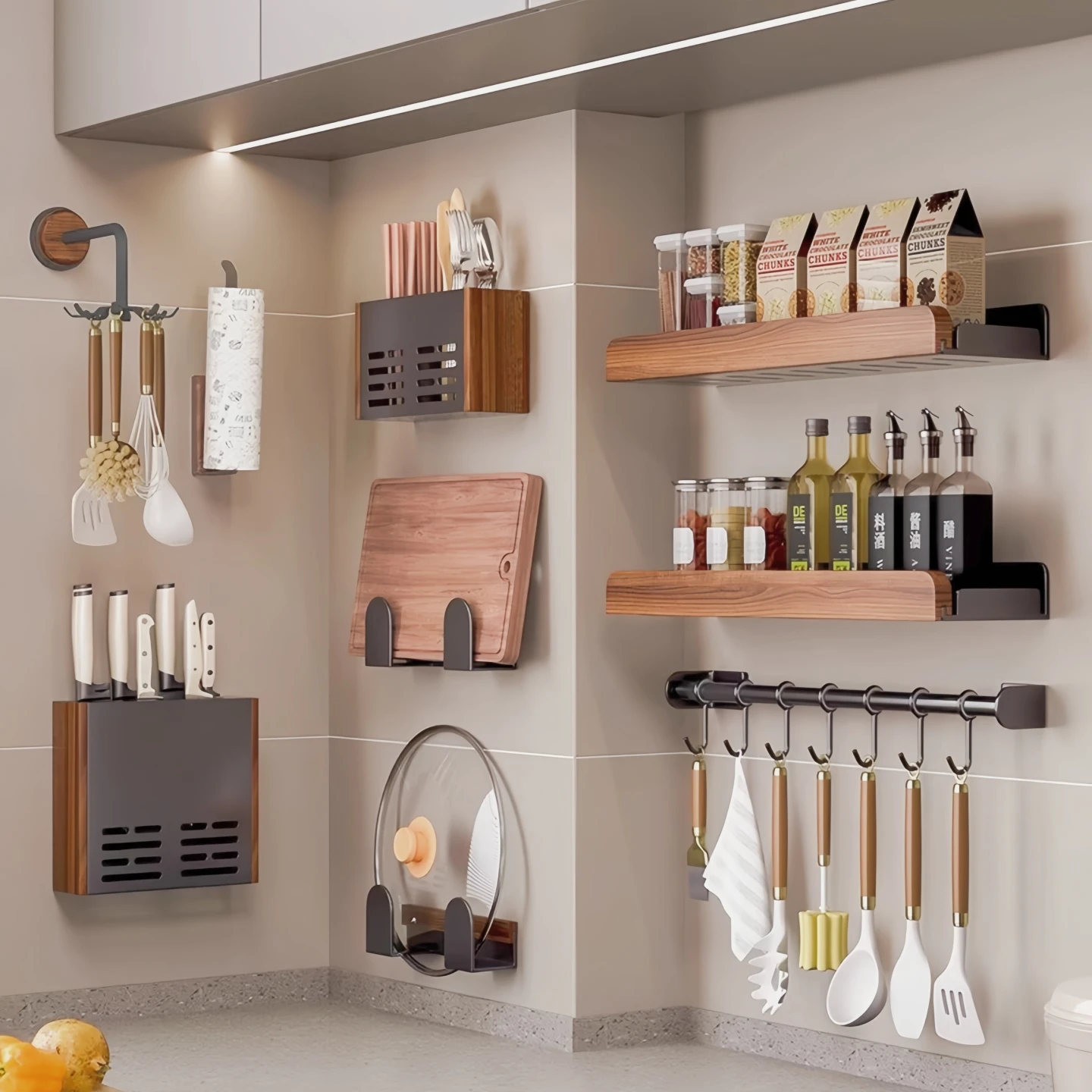 

Walnut kitchen rack antique style non-punching wall hanging solid wood pot lid knife chopsticks spoon seasoning storage rack set