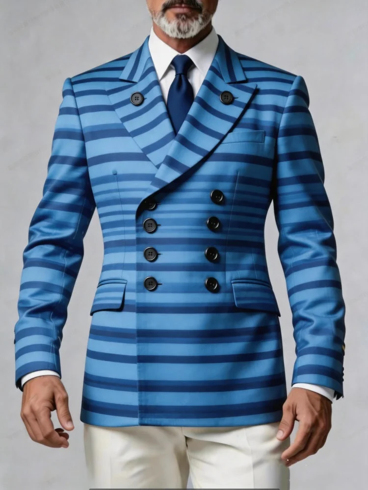 Mens Slim Fit Blue Stripe Double Breasted Suit Jacket Elegant Business Blazer