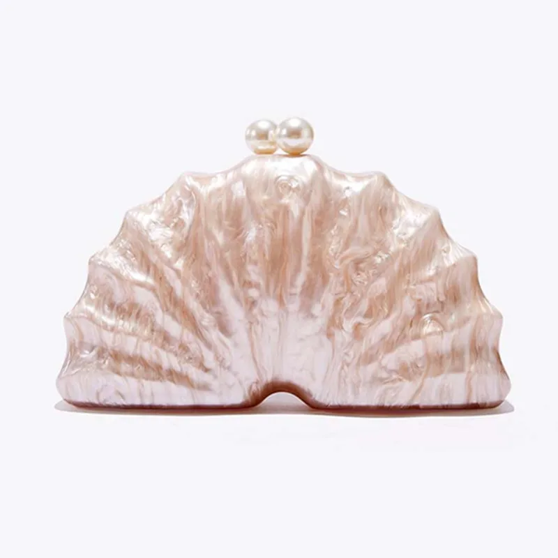 

2025 Acrylic New Fashion Shell Clutch Bag Women Designer Evening Party Cute Purse Lady Wedding Pearl Handbags Chain Shoulder Bag