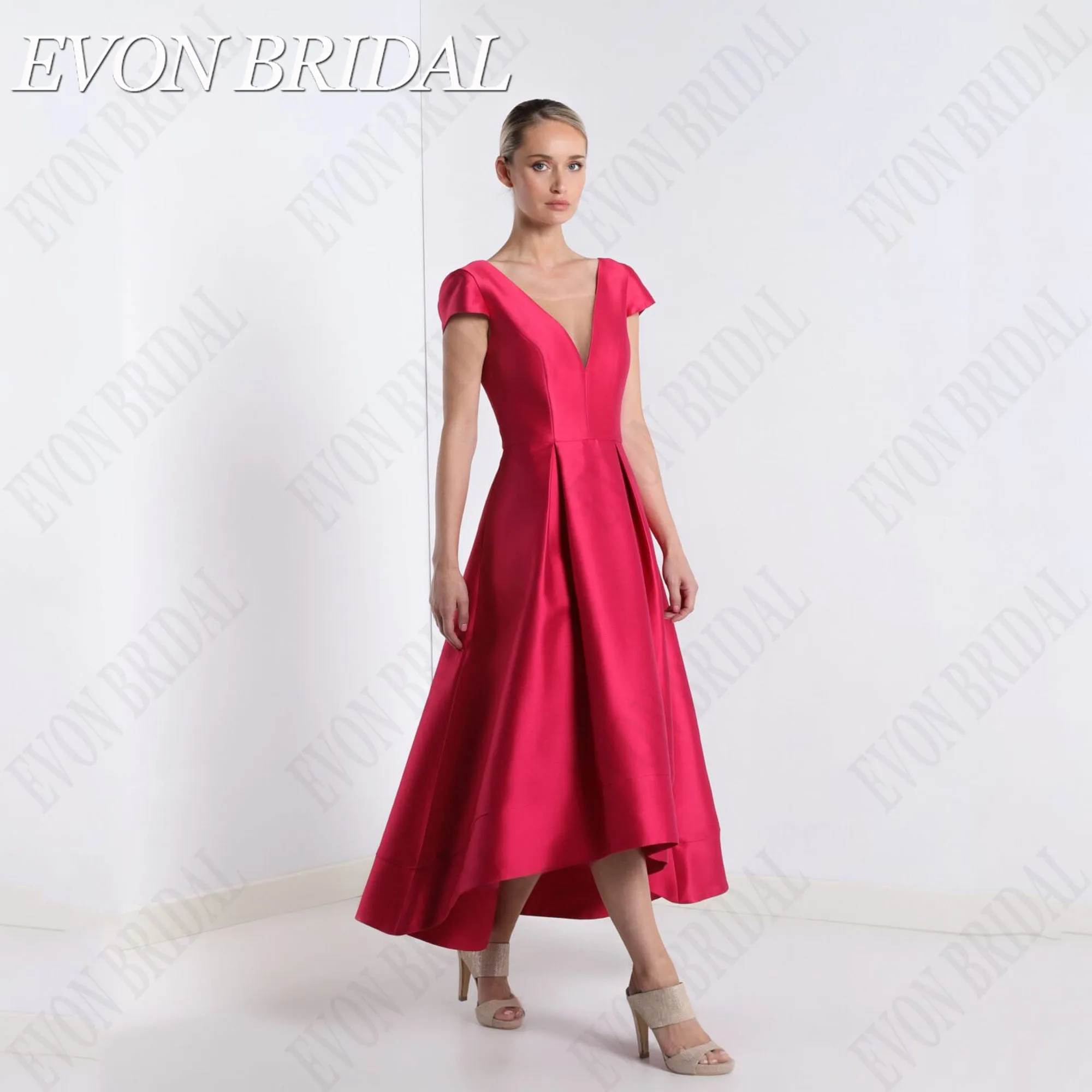 

EVON BRIDAL V-Neck Backless vestidos de fiesta Short Sleeve A-Line Satin Evening Gowns Ankle Length Celebrity Dresses Customized