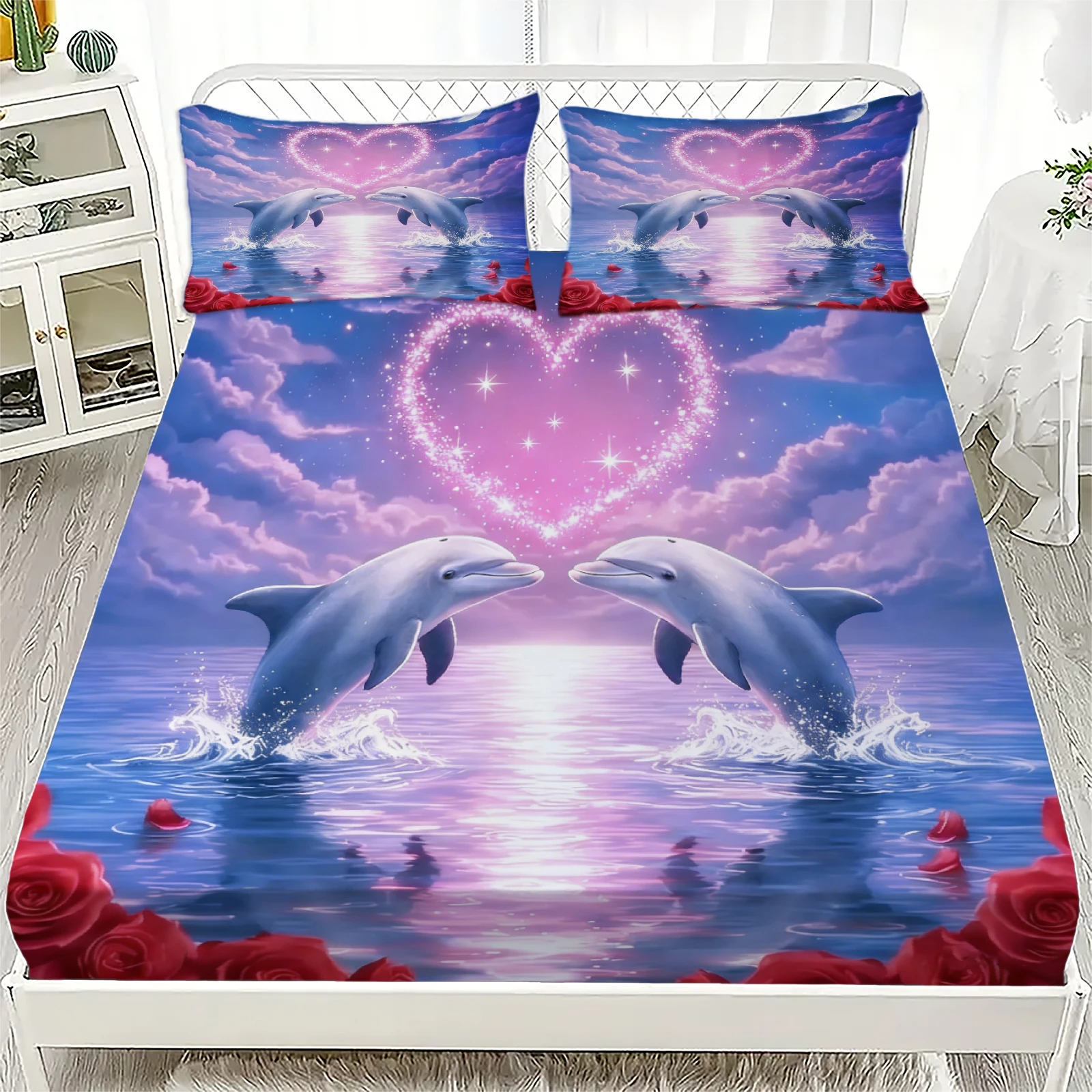 

Dolphin Love Heart Print Fitted Sheet Set Purple Blue With Roses And Dolphins Pattern With Pillowcases For Bedroom Decor
