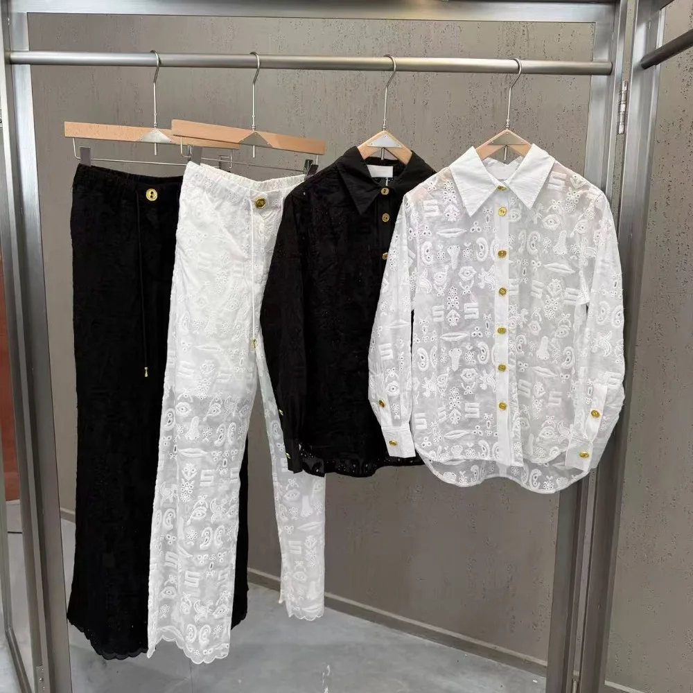 

Women's Spring and Summer Heavy Industry Embroidered Hollow Shirt Paired with Straight Leg Pants Fashionable Two-piece Set