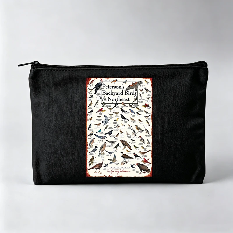 

Women's Bird Illustration Print Makeup Bag with Typography, Zipper Cosmetic Pouch for Daily Use
