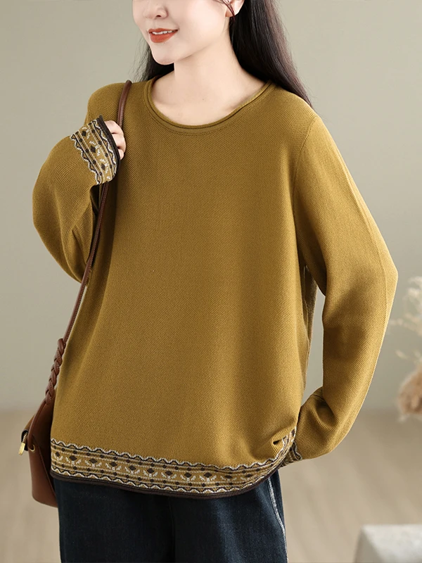 Color Block Knitted Long Sleeve round Neck Women's Base Shirt Commute Top Polyester Fiber Artistic Style Loose Fit Inner Wear