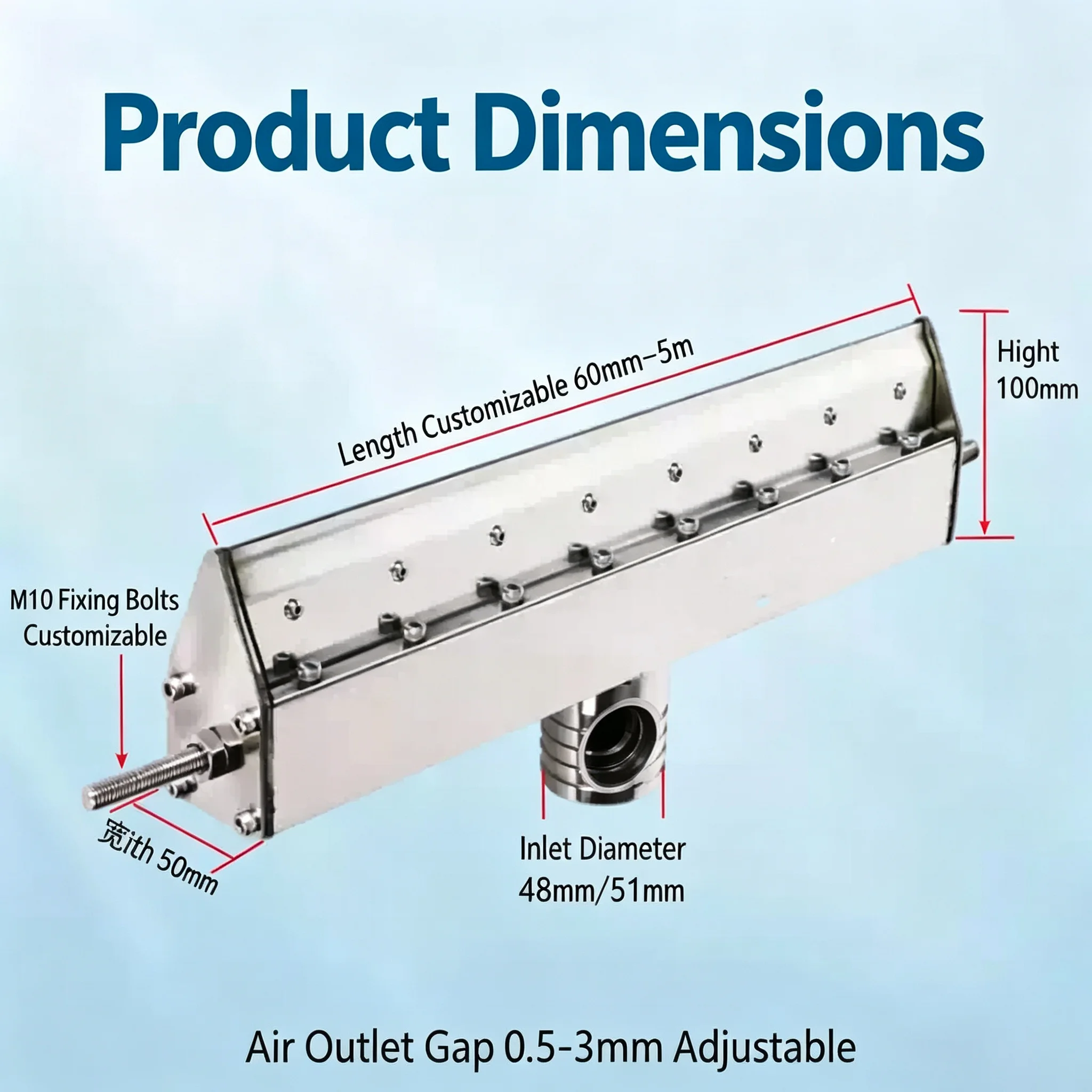 Assembly Line Drying And Cleaning 304 Stainless Steel Hot-Air Blower Air Knife Dust Removal Air Knife For Drive Conveyor Belt