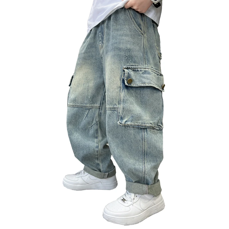 

High Quality Kids Boy Baggy Cargo Jeans with Pocket Luxury Children Fashion Casual Denim Pants Age 5 6 7 8 9 10 11 12 13 14 Year