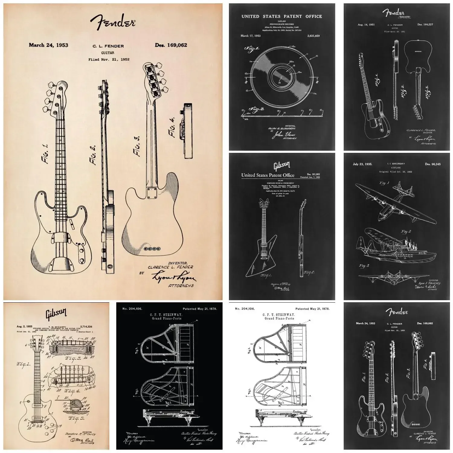 Patent drawing Canvas Poster musical instrument Guitar piano rack drum Printing For Home Wall Art Decoration Frameless Painting