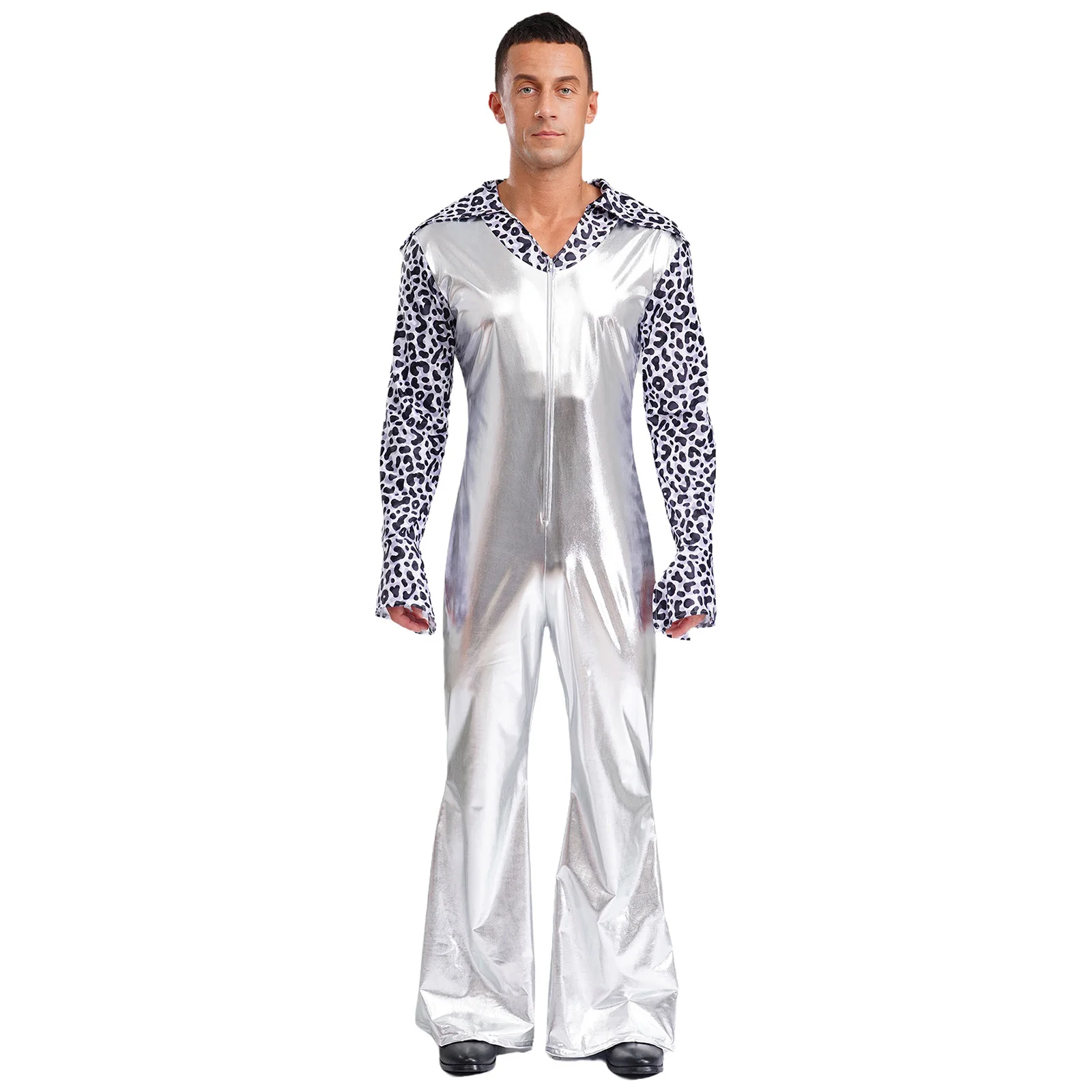 

Metallic Shiny Tights Jumpsuit Mens Vintage Rompers Long Sleeve Split Cuffs Bell Bottom Pants Suit for Hippie Jazz Dancewear