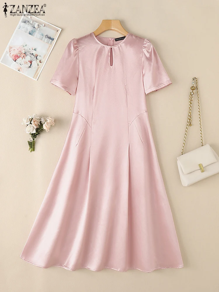 

ZANZEA Keyhole Neck Short Puff Sleeve Cocktail Party Dresses Womens Fashion Fitted Waist Elegant Glossy Satin Midi Robes Femme