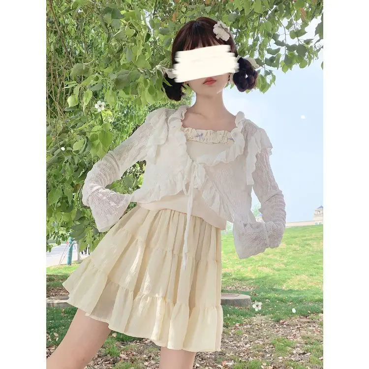 Japanese Kawaii Lolita Thin Sunscreen Cardigan Women Summer Cute V-Neck Ruffles Long Sleeve Lace Sweet Loose Cropped Cardigan