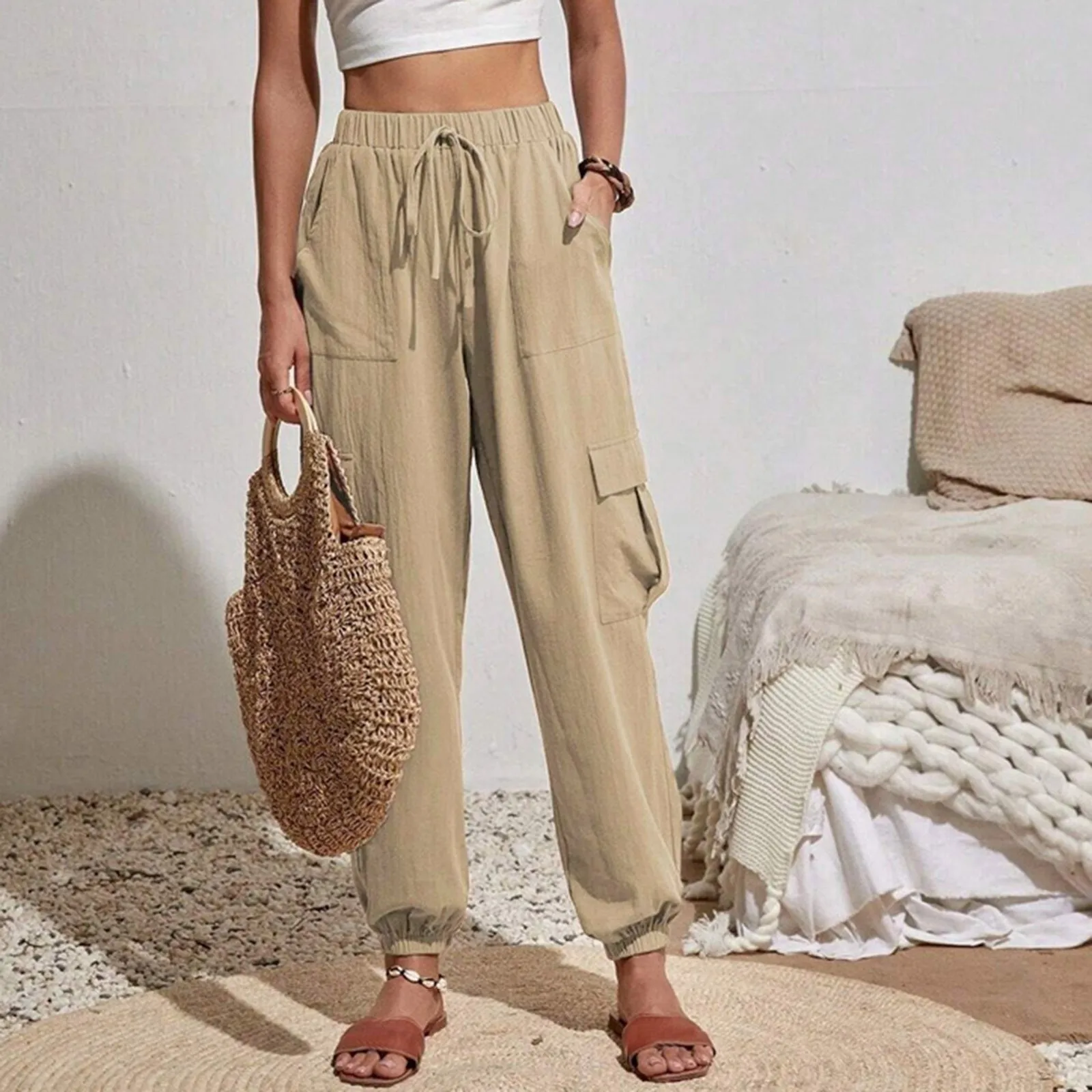 

Cargo Pants Women 2024 Spring Summer Fashion Loose Full Length Ladies Trousers Casual Elastic Waist Wide Overalls Pants