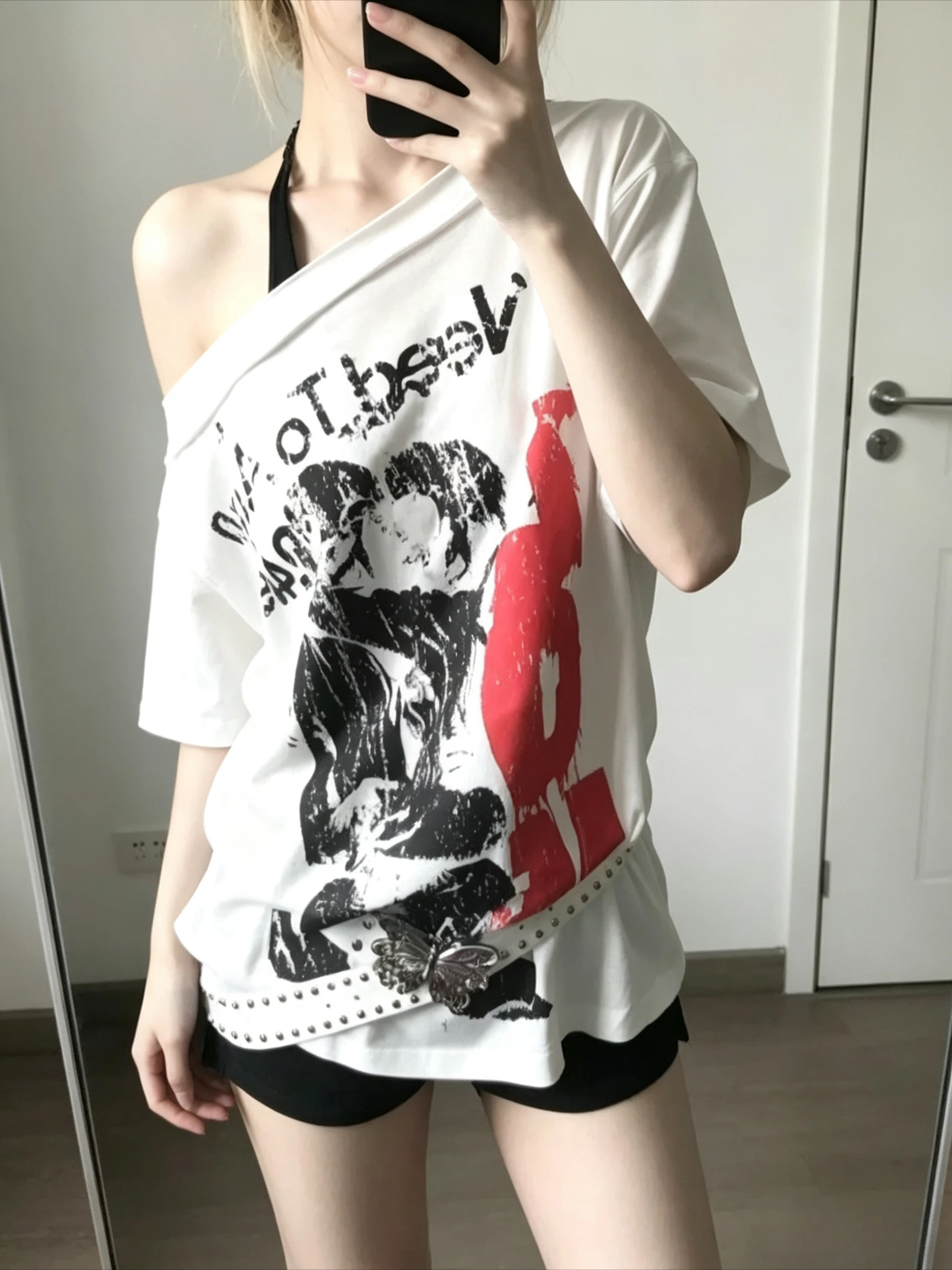 Asymmetric Off Shoulder Short Sleeve Top Distressed Cut Out Back Hollow Design Figure Letter Graphic Print Loose Oversized Tee
