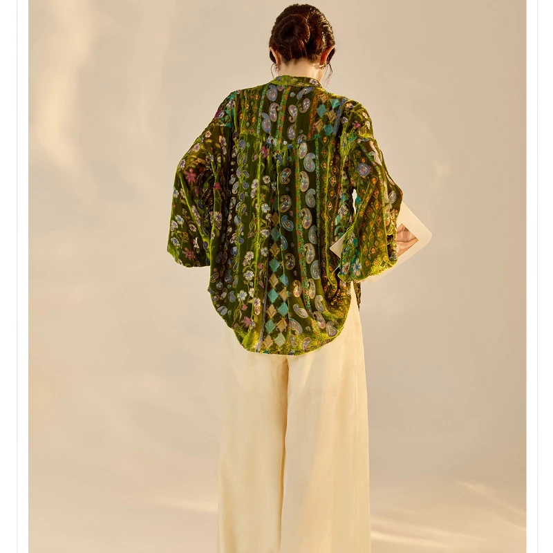 2025 Autumn Chinese Velvet Etched Shirt, Vintage Glass Pattern Blouse with Frog Buttons Women's Luxe Style Top
