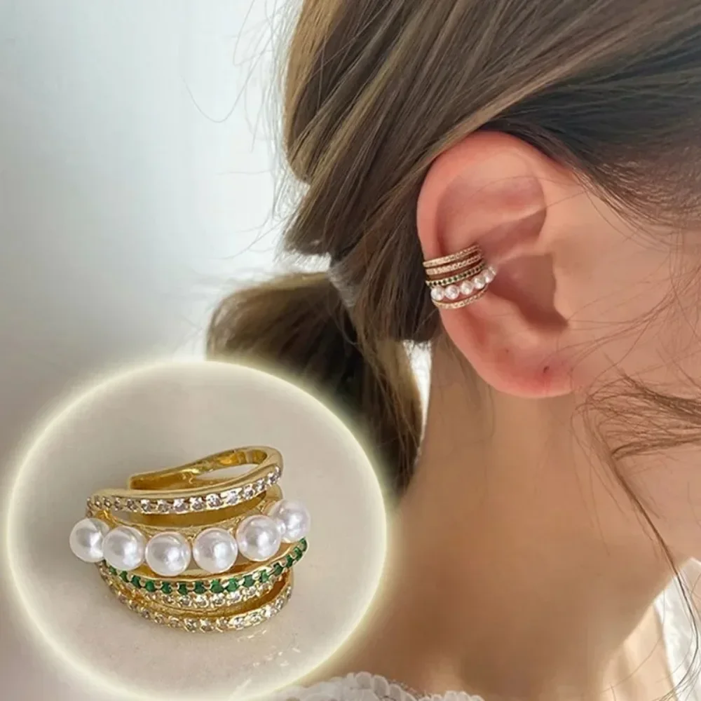 1Pc Fashion Korean Double Layer Pearl Clip Earrings for Women Girls Luxury Zircon Ear Cuff Clip Without Pierced Ear Cuff Jewerly