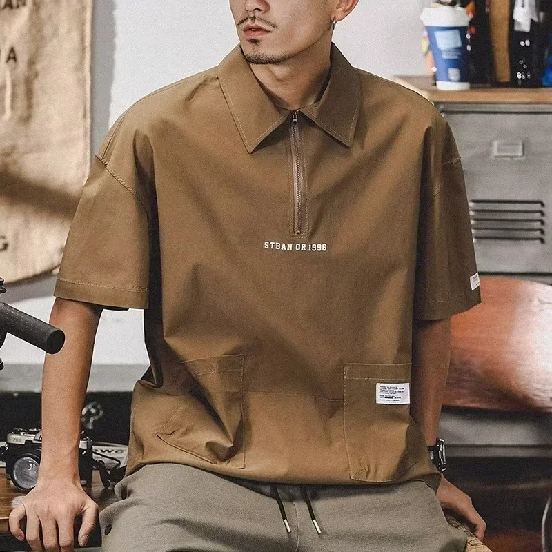 

Летние мужские рубашки поло с буквенным принтом, повседневная рубашка на молнии с короткими рукавами, поло Homme Y2K, уличная модная футболка с лацканами для гольфа