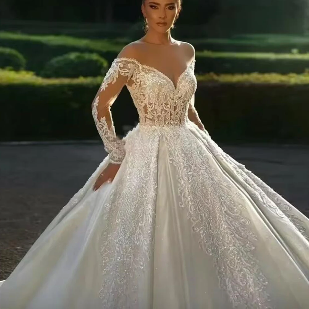 Laço apliques de cetim princesa vestidos de casamento para noiva traje vestidos de novia o pescoço mangas compridas vestidos de noiva personalizados