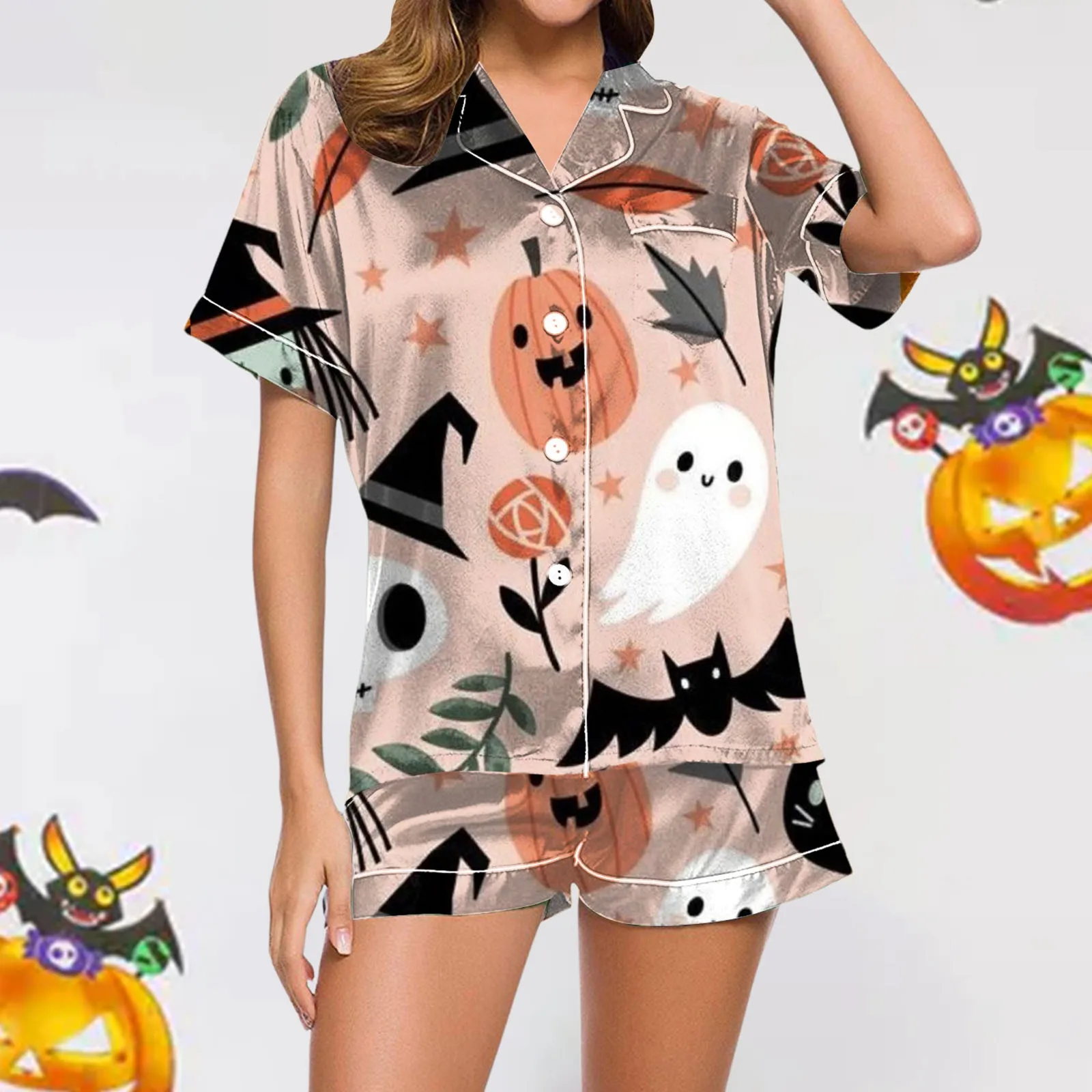 Ladies Casual Halloween Printed Pajamas And Shorts Set Womens Pajama Set Shorts пижама женская Pumpkin Ghost Printed