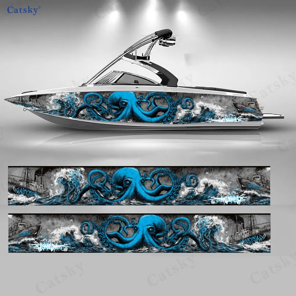 Deep Sea Blue Octopus & Ocean Wave Boat Stickers, PVC Waterproof Vinyl Wrap Decals for Fishing Boats, Durable and Stylish Design
