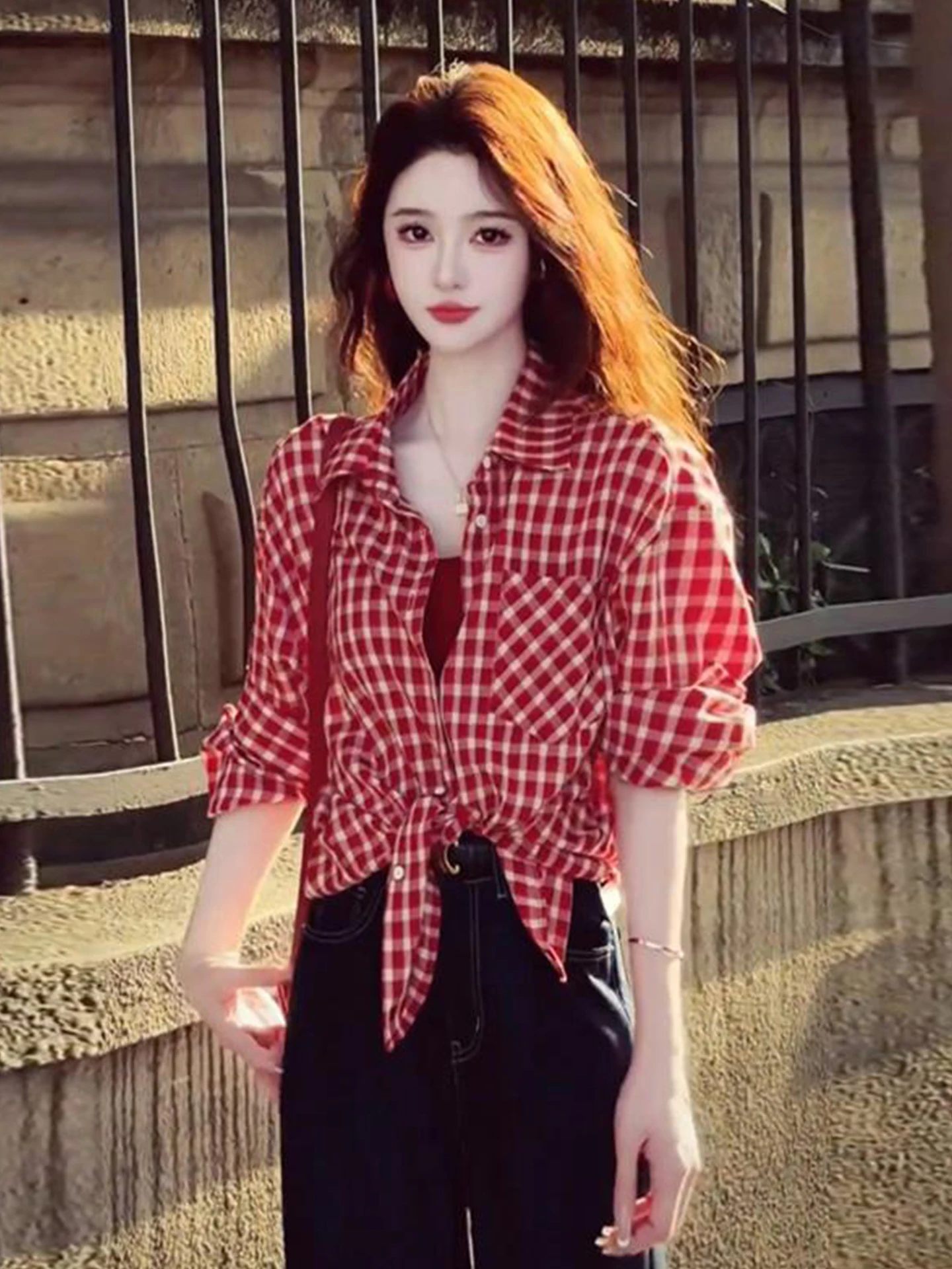 

Retro Hong Kong Sle Red Plaid Women's Sun Protection irt Spring Summer Korean System High End Small Capitatic Top