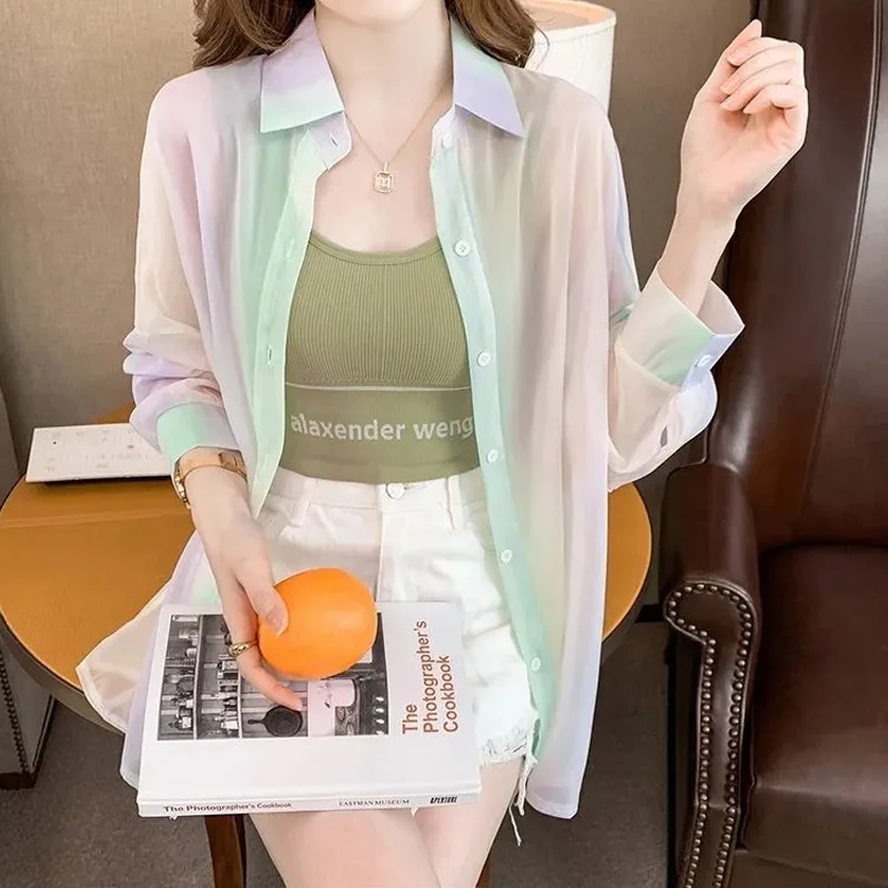 Summer New Thin Long Sleeve Tie Dye Loose Cardigan Polo Neck All-match Youth Trend Shirt Tops Fashion Korean Women Clothing