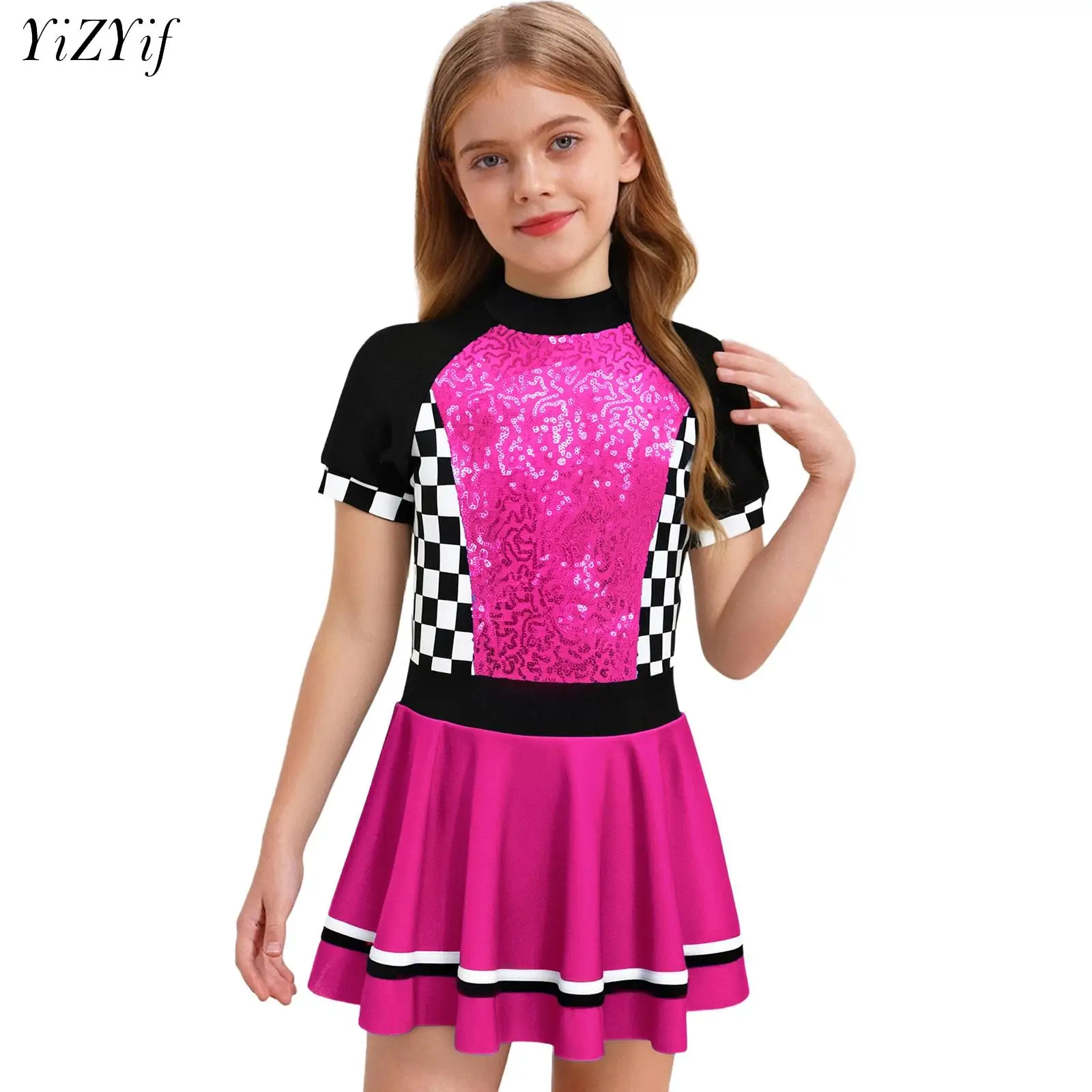 

Kids Girl Race Car Driver Cosplay Costume Short Sleeve Checkerboard Sequin Tutu Dress Rave Themed Party Racer Pole Play Dress Up