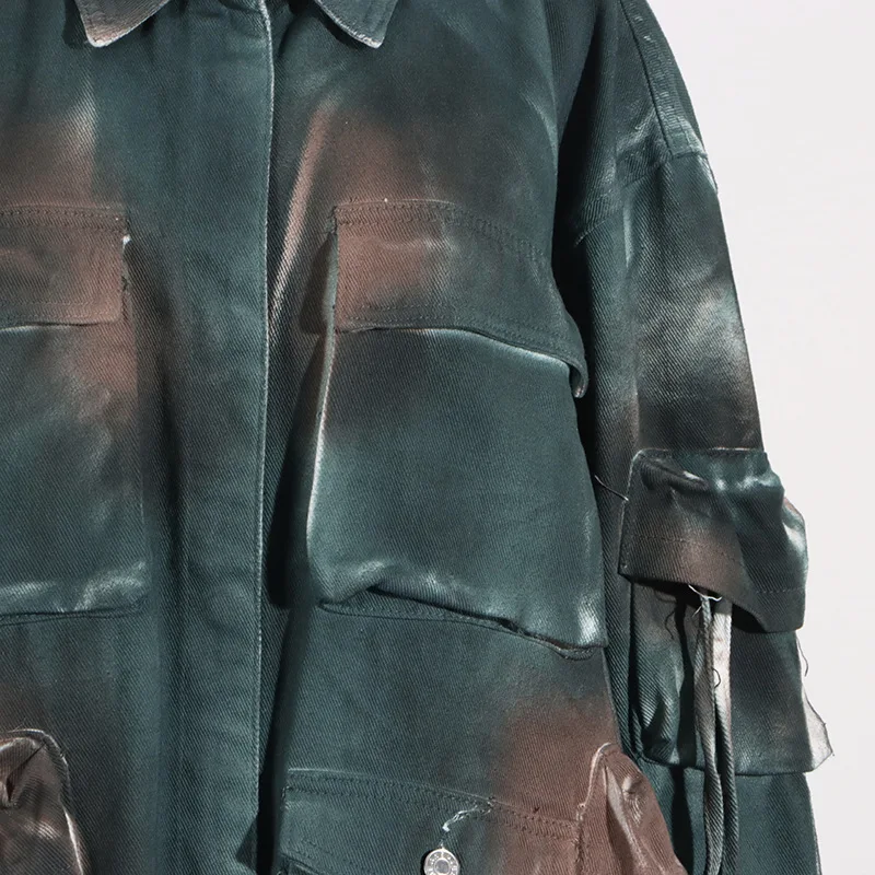 여성 가을 패션 루즈핏 카모플라주 데님 재킷 코트, 큰 포켓 스플라이싱 디자인 워크웨어 개성 스타일