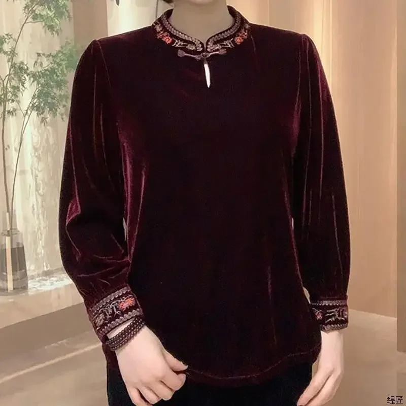 Cheongsam New Winter Style Noble and Versatile Women's Clothing Stand-collar Embroidered Modified Gold Velvet Top