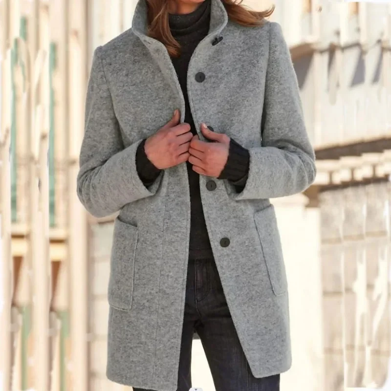 Vintage Women Overcoat Solid Button Stand Collar Woolen Coat Female Autumn Winter Fashion Long Casual Thick Ladies Jacket