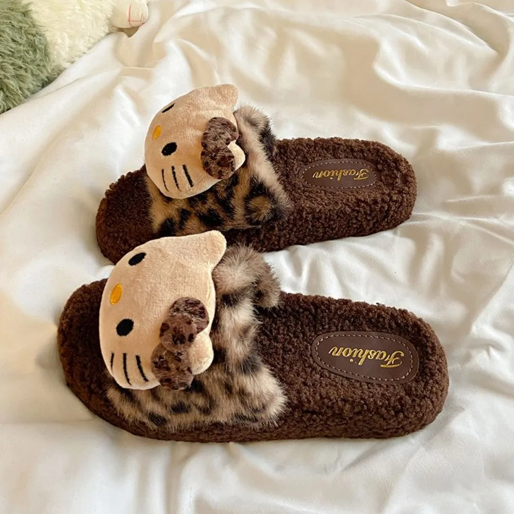 Hello Kitty Slippers Miniso Anime Leopard Print Fur Women Plush Cotton Slippers Winter New Item Thick Soled Lamb Wool Home Shoes