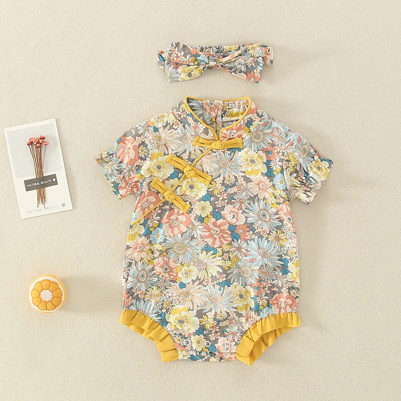 Baby Girl Cheongsam Short Sleeve Romper Summer New Style Ethnic Floral Jumpsuit Crawling Suit Triangle Bodysuit