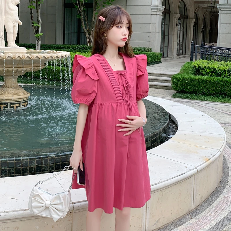 Sweet Bowknot Square Collar Summer Maternity Dress Ruffled Puff Sleeve Pregnant Woman A-Line Dress Solid Color Pregnancy Dresses