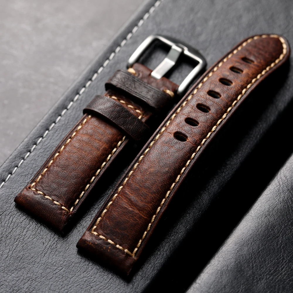 Handmade High-end Genuine Leather Strap 20 22 24 26MM Chestnut Gray Men's Italian Head Layer Cowhide Men's Bracelet Vintage PAM