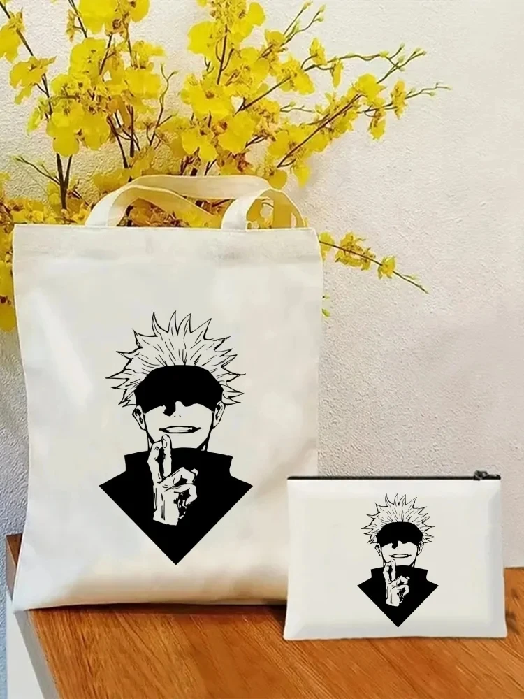 2pcs Japanese Manga Women\'s Tote Cosmetic Bag Fashion Jujutsu Kaisen Gojo Satoru Shoulder Bag Eco Large Capacity Shopping Bag