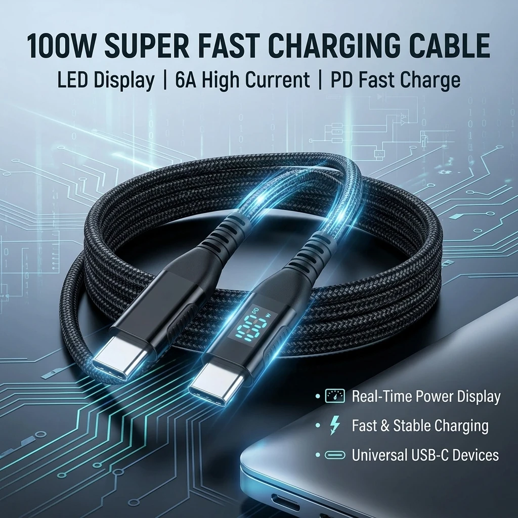 100W USB C Cable PD Fast Charging USB C to USB C Cable 6A LED Display Fast Charge Cord for iphone 17 16 15 Samsung Xiaomi Huawei