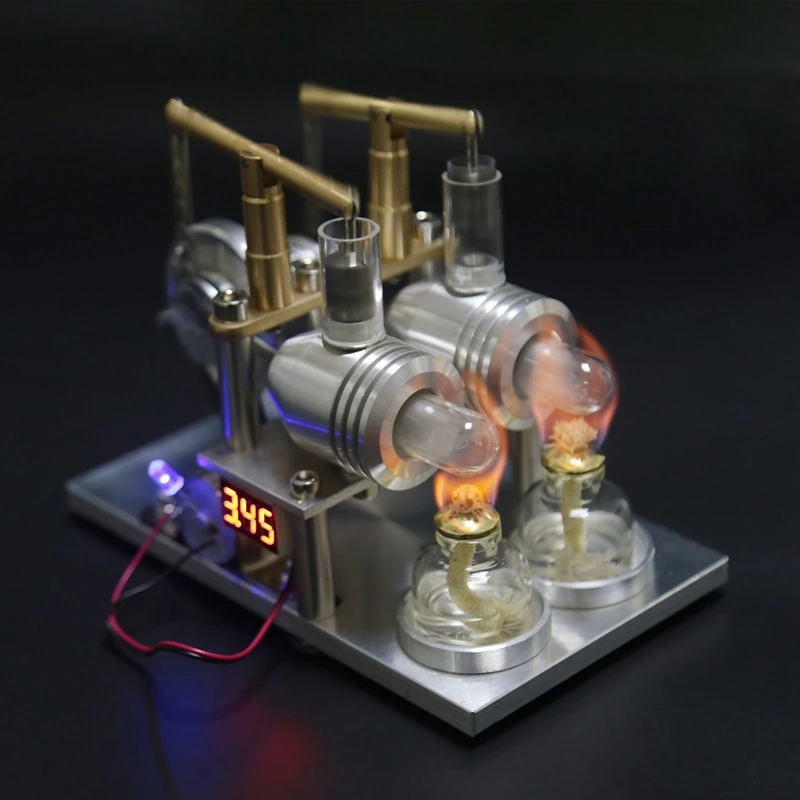 HOT-Double Cylinder Stirling Engine Motor Model With Voltage Display Meter Science Experiment Engine Teaching Tool