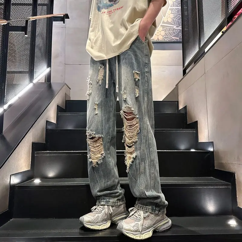 

Wide Leg Trousers Man Cowboy Pants Ripped with Holes Torn Broken Aesthetic Trend 2025 Denim New in Luxury Stacked Jeans for Men