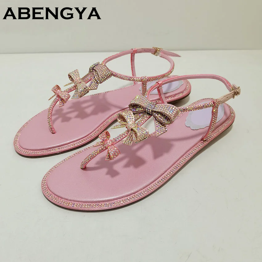 

Summer FlipFlops Leather Flat Sandals Women Crystal BowKnot Decor Ankle Strap Dress Shoes Casual Party Vacation Beach Shoes Lady